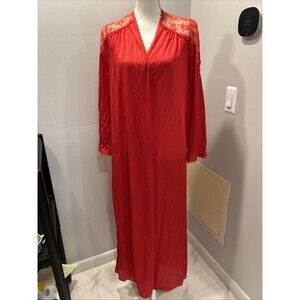 Vintage Undercover Wear Long Red Nylon Lace Robe Size Small Made In USA